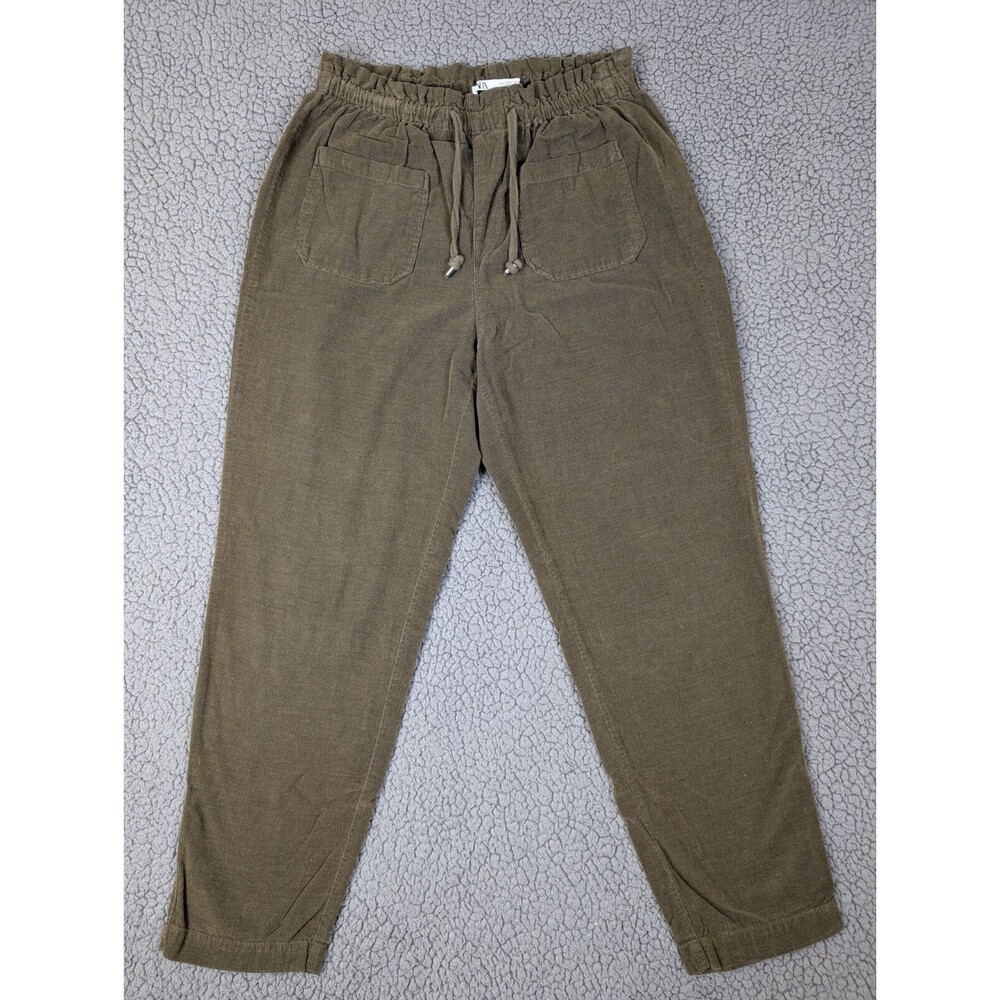 Zara Woman Size S Green Corduroy Pants Drawstring Paperbag Elastic Waist